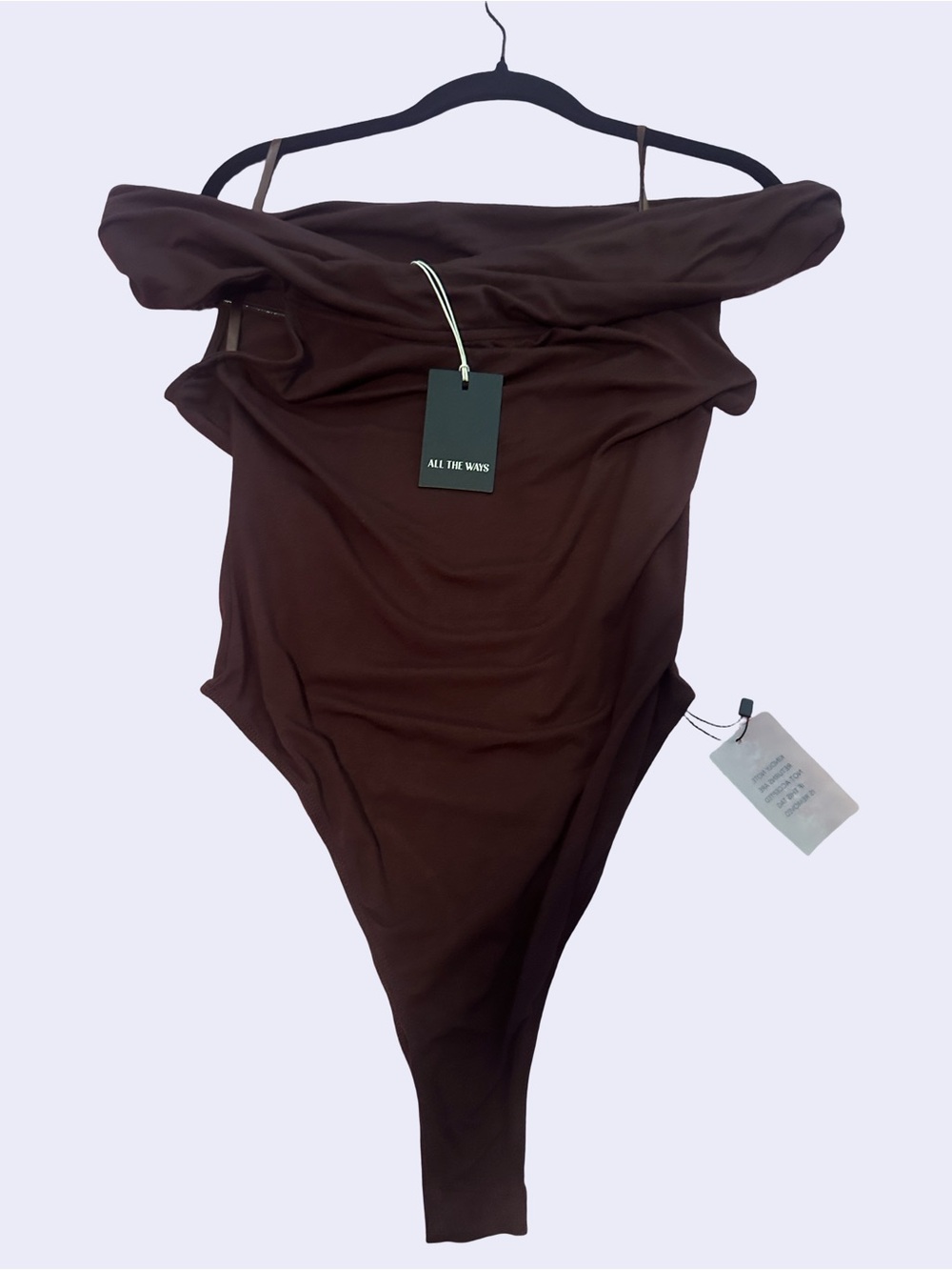 NWT ALL THE WAYS brown cowl off shoulder bodysuit L